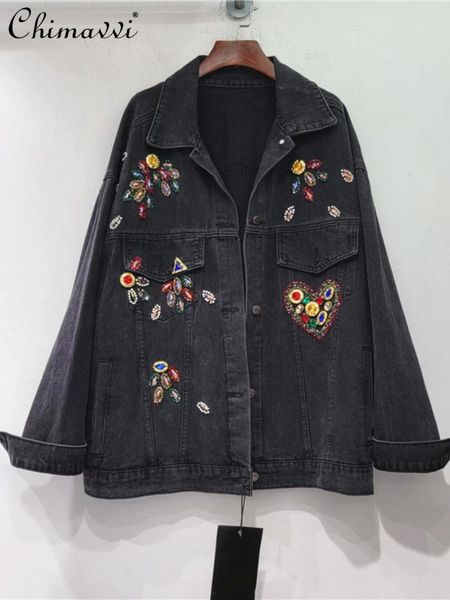 Chaquetas de mujer Chaqueta Mujer 2023 Otoño Pesado Amor Cristales coloridos con cuentas sueltas Slim Solapa Denim Abrigo Moda Manga larga Jean Abrigos