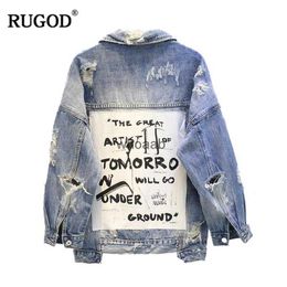 Chaquetas de mujer Chaquetas Rugod Nueva letra estampada Jean deshilachado Invierno Agujero rasgado Abrigo de mezclilla Bomber Casaco 240301