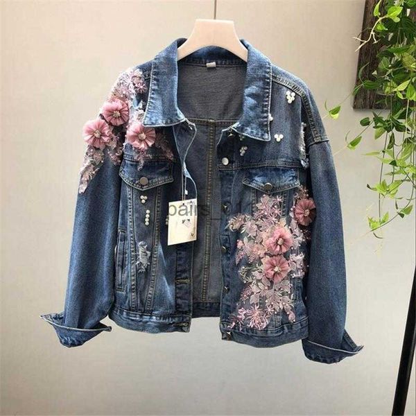 Chaquetas de mujer Chaquetas Primavera Otoño Jeans Abrigo Mujer Pesado Estéreo Rosa Flor Bordada Agujero Denim Mujeres Abrigos Básicos R700 240305