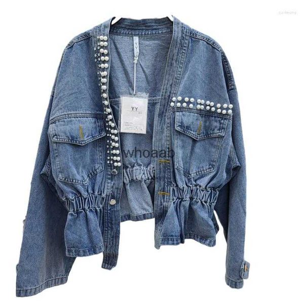 Vestes pour femmes vestes perles douces Denim culture grande taille manteaux Streetwear plissé mince recadrée Jean Clotes coréen 240301