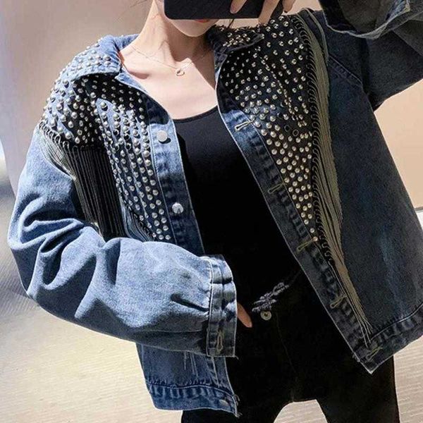 Vestes pour femmes vestes gland rivet printemps denim noir foncé vêtements d'extérieur streetwear punk mode jean manteau 240301