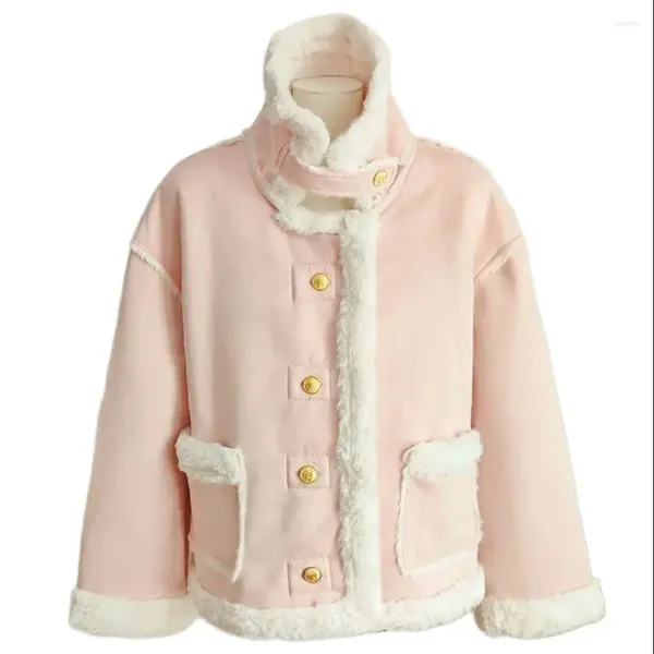 Chaquetas de mujer Chicas japonesas Sweet Pink Coat Berber Fleece Grueso Cálido Invierno Otoño Diseño Mangas largas Cuello Tortuga Solo Pecho Mujeres