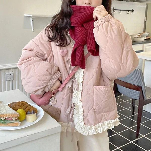 Chaquetas de mujer japonés kawaii corto mujeres dulce estilo preppy invierno abrigo femenino lindo encaje patchwork casual niñas rosa parkas abrigo