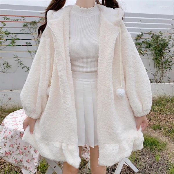 Vestes de style japonais avec oreilles pour femmes kawaii tops beaux lolita épaissis thermand en manteau capuchon d'hiver fille parka