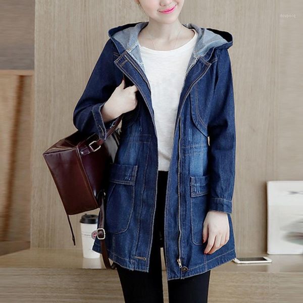 Vestes pour femmes jean veste 2022 femmes Denim bleu décontracté à capuche simple boutonnage manteau en vrac dames coréen fané lavage # G3