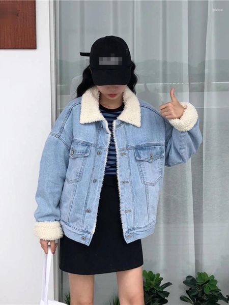 Vestes Femmes Jeans Veste Femmes 2023 Hiver Agneau Polaire Mode Polo Col Denim Jack Casual Lâche Polyvalent Court Manteau Streetwear