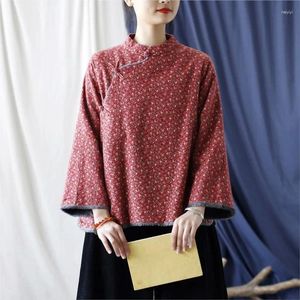 Damesjassen Johnature Dames Chinese stijl bloemenstandaard Plus Fleece jassen met lange mouwen 2024 Lente Knop Vintage
