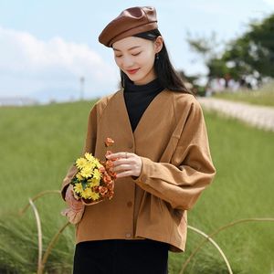Damesjassen Johnature vrouwen lange mouw herfst v-neck knop losse jassen 2022 katoenen kleding zakken vintage