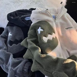 Damesjassen Kawaii Effen Kleur Kleine Dinosaurus Pluche Harajuku Jas Voor Vrouwen Losse Winter Capuchon Rits Sport Paar Mannen