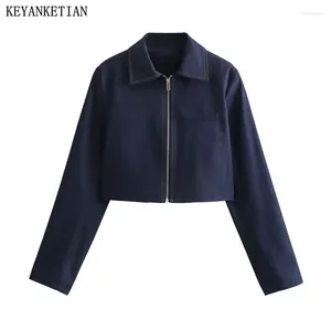 Damesjacks keyanketian 2024 lancering zipper short jas American retro marine blauw losse lit collar outerwear crop top