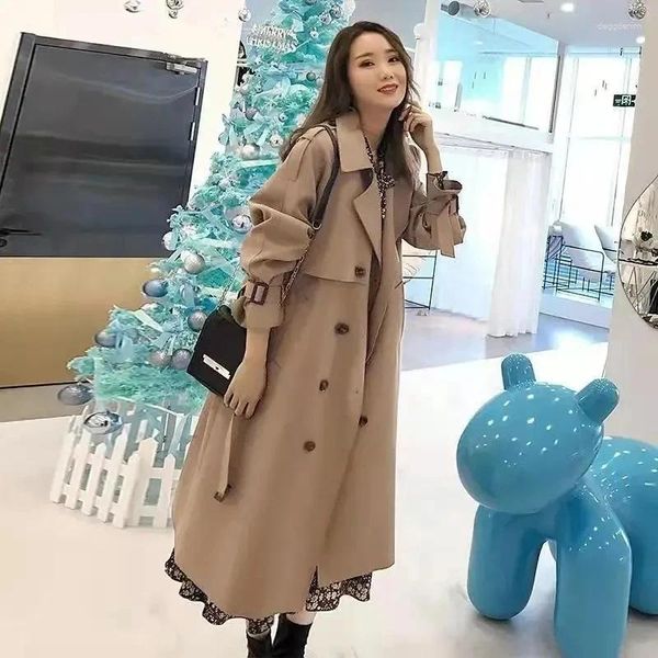 Vestes Femmes Kaki Long Trench-Coat avec ceintures Coupe-vent à double boutonnage Femme 2023 Chic Casual Dames Pardessus Tempérament