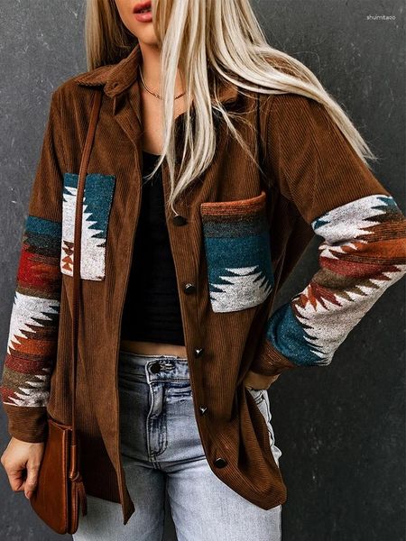 Chaquetas de mujer Khalee Yose Caqui Patrón azteca Chaqueta de pana Shacket Otoño Primavera Manga larga Bolsillo Boho Vintage Damas sueltas