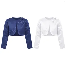 Vestes pour femmes enfants filles formelle fête satin boléro manteau veste exquise strass applique à manches longues cardigan robe de mariée cape haussement d'épaules