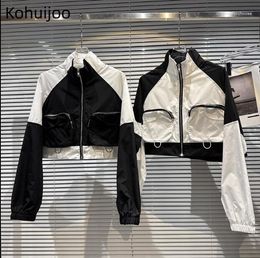 Damenjacken Kohuijoo Varsity Jacke Frauen Kontrast Fried Street Spicy Girl Taschendesign Kurzer Reißverschluss Bomber Frühlingsmantel weiblich