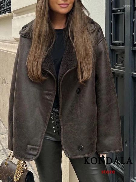 Vestes Femmes Kondala Streetwear Brown Cuir surdimensionné Femmes Manches longues Boutons simples Manteaux épais Mode 2023 Vintage Outwears