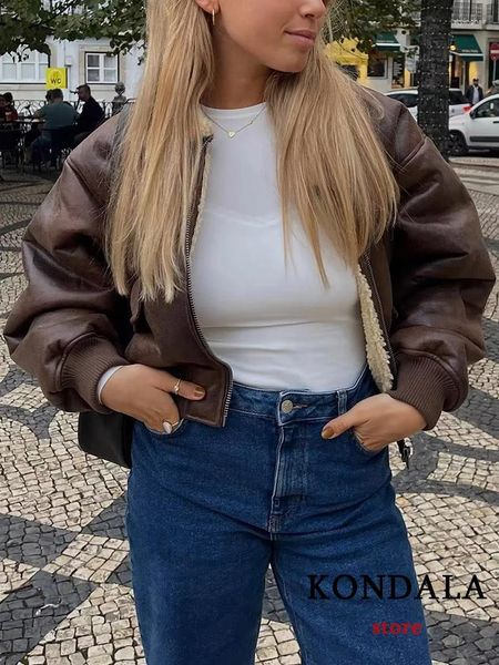 Vestes Femmes Kondala Vintage Streetwear PU Brown Zipper Peluche Turn Down Col Femmes Outwear Mode 2024 Winer Chaud Manches Longues Chic