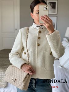 Damesjacks Kondala Vintage wollen losse elegante dames knop Pocket Solid White Coats Fashion Autumn Office Lady Outwear 230824