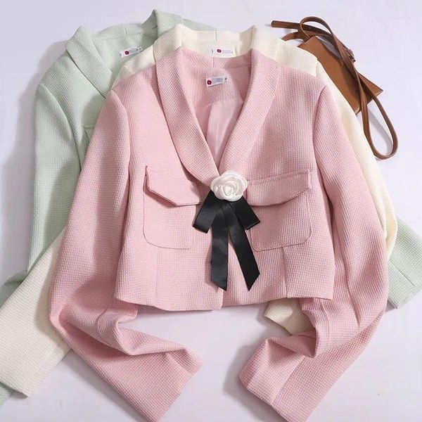 Vestes Femmes Corée Mode Rose Tweed Veste Courte Manteau Femme Vintage Femmes Printemps Bowknot Revers À Manches Longues Bureau Dames Vêtements D'extérieur