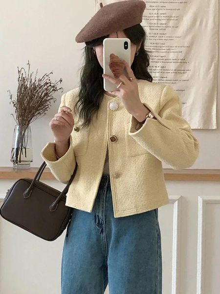 Jaquetas femininas coreanas outono roupas mulheres moda luxo cardigan elegante lã tweed curto top primavera francês chique amarelo jaqueta