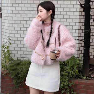 Vestes pour femmes coréen mignon vieillissement avancé sens corne bouton fourrure manteau court chaud et épais peluche rose