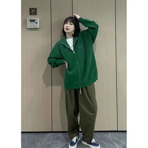 Damesjassen Koreaanse mode herfst winter Japanse retro groene trui jas losse luie stijl rits ontwerp nis effen kleur vest top 231011