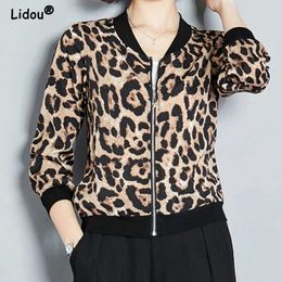 Chaquetas de mujer Moda coreana O-cuello Estampado de leopardo Cárdigan de manga larga para mujer 2022 Nueva cremallera Blusa para mujer Chaqueta Tendencia Top coreano T221008