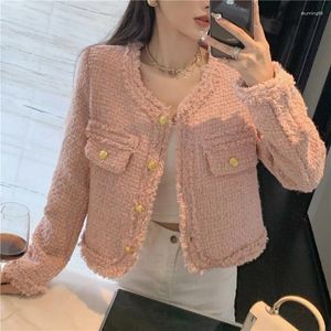 Damesjassen Koreaanse Mode Roze Tweed Jas Voor Vrouwen Ronde Hals Lange Mouw Kwastje Jas 2023 Herfst Single Breasted Kantoor dame