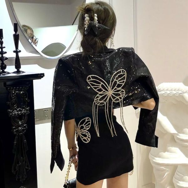 Chaquetas de mujer, abrigo de lentejuelas de mariposa con borlas de diamantes de imitación coreanos, chaqueta corta holgada versátil, Top Sexy, falda con tirantes, club negro