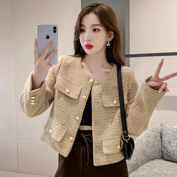 Chaquetas de mujer Chaqueta de tweed corta coreana Mujeres Caída Cuello redondo Diseño Abrigo All-Match Manga larga Outwear Outwear Office Lady Single Breasted