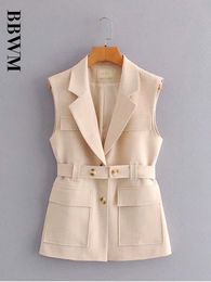 Chaquetas de mujer estilo coreano Casual solapa sin mangas bolsillo con cinturón elegante abrigo femenino Harajuku moda chaqueta de un solo pecho 230720