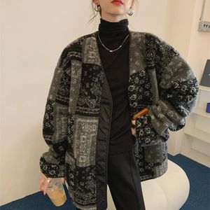 Chaquetas de mujer estilo coreano Chic Otoño Invierno abrigo de lana de cordero con cuello en V de un solo pecho de manga larga Vintage estampado de Cachemira prendas de vestir
