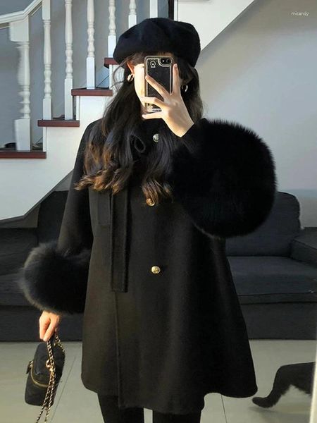 Chaquetas de mujer estilo coreano elegante hebilla dorada lazo abrigo de lana negro chaqueta informal holgada que combina con todo para mujer primavera invierno X696
