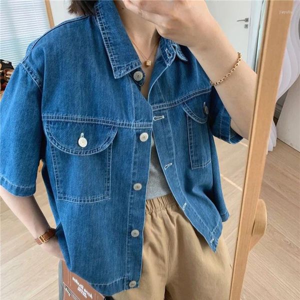 Vestes pour femmes style coréen oversize denim veste femme 2024 collier de remin-down collier jean à manches courtes avec manteaux de vêtements d'extérieur de poche
