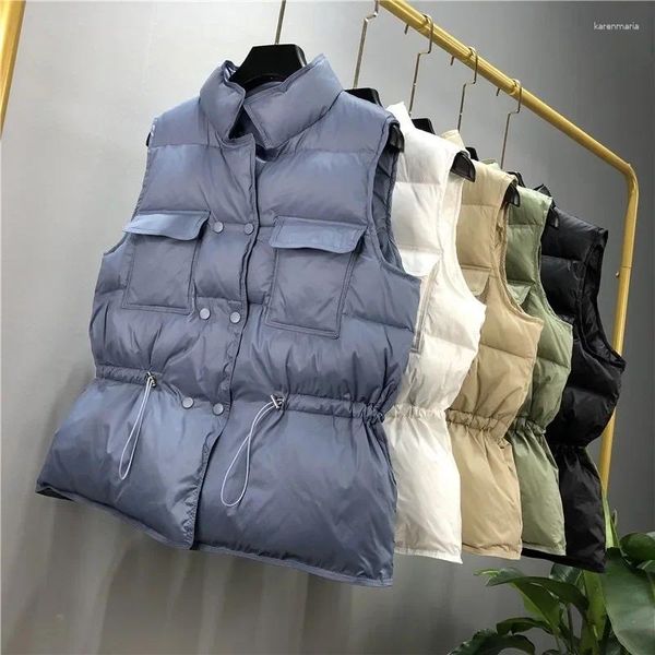 Chaquetas de mujer Estilo coreano Grueso Puffy Duck Down Chaqueta Niñas Invierno Chaleco sin mangas Mujeres Slim Fit Cordón Azul Abrigo Femenino Plus Tamaño