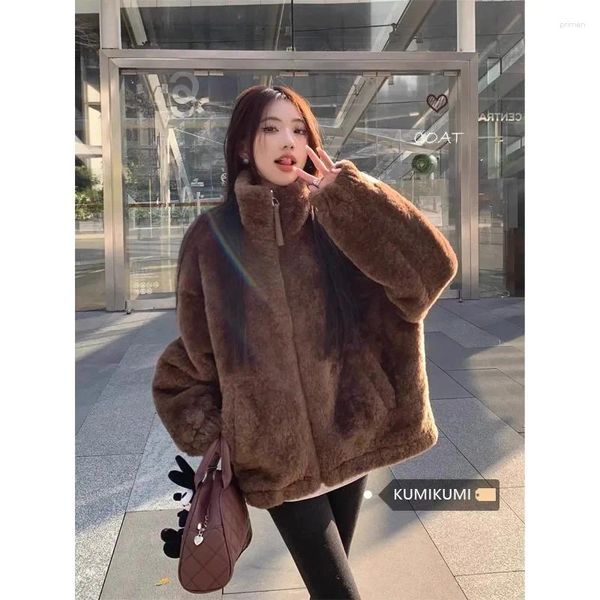 Chaquetas de mujer coreana dulce niña Vintage café felpa cremallera abrigo para invierno chaqueta de cuello suelto/cálido ropa femenina de moda