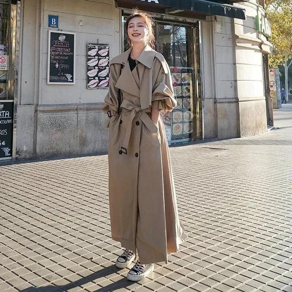 Chaquetas de mujer gabardina coreana chaqueta larga holgada de gran tamaño moda con cinturón cruzado rompevientos para mujer primavera otoño exterior