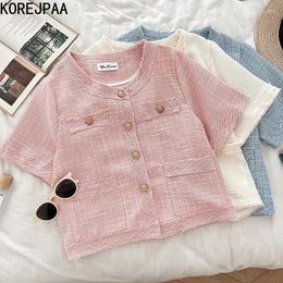 Women's Jackets Korejpaa Elegant Short Korean Fashion Single Breasted Double Pocket Tweed Summer Coat Crop Top Casual Sleeve Tops