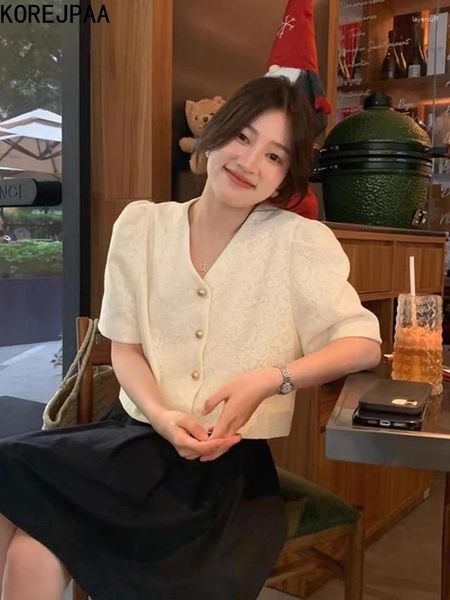 Vestes pour femmes korejpaa coréen mode court 2024 été doux V couche simple poitrine de dentelle à crochet à crochet polyvalent