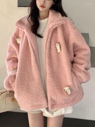 Damesjacks Korobov mode streetwear dikke lamslam wollen beer rits oversized outsear starend kraag jas manteau femme hiver