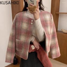 Damesjassen kusahiki Koreaanse chique herfst winter zachte stijl ronde nek veelzijdige lange mouwen met lange mouwen warme plaid wollen jas voor damesjas
