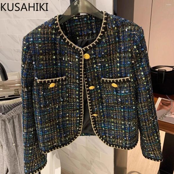 Vestes pour femmes Kushikiki Couleur mixte Bleu Tweed Tweed Style coréen Court Printemps Automne Boucle d'or Manteau de bord de fil brillant