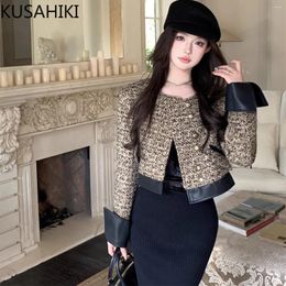 Vestes féminines Kusahiki Tweed Patchwork Pu Elegant Coute Couet Femmes Automne Hiver Fashion Long Manche Tops 2024