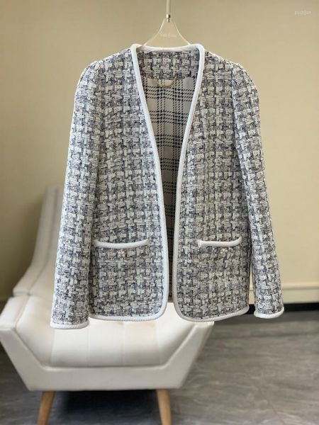 Chaquetas para mujer, chaqueta tejida con estampado de cuadros y cuello en V de manga larga a la moda de alta calidad 2022, 1010 para mujer