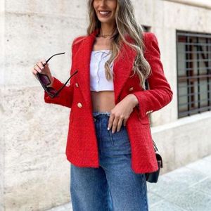 Chaquetas de mujer, chaqueta de doble botonadura para mujer, chaqueta elegante de Tweed roja para mujer, abrigo de moda de primavera para mujer, ropa de calle Vintage, prendas de vestir