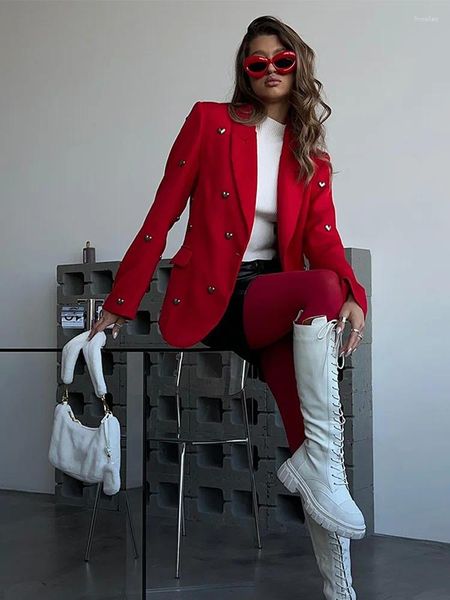 Vestes pour femmes dames élégantes 3d Metallic Love Red Coat Women Fashion Lapon One Button M manteaux à manches longues 2024 Femme Chic High Street