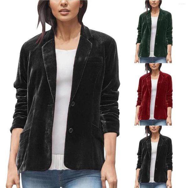 Chaquetas de mujer Chaqueta vaquera de terciopelo dorado para mujer, chaqueta vaquera de manga larga con un solo pecho, prendas de vestir exteriores con solapa, Blazers para oficina, traje de Color sólido