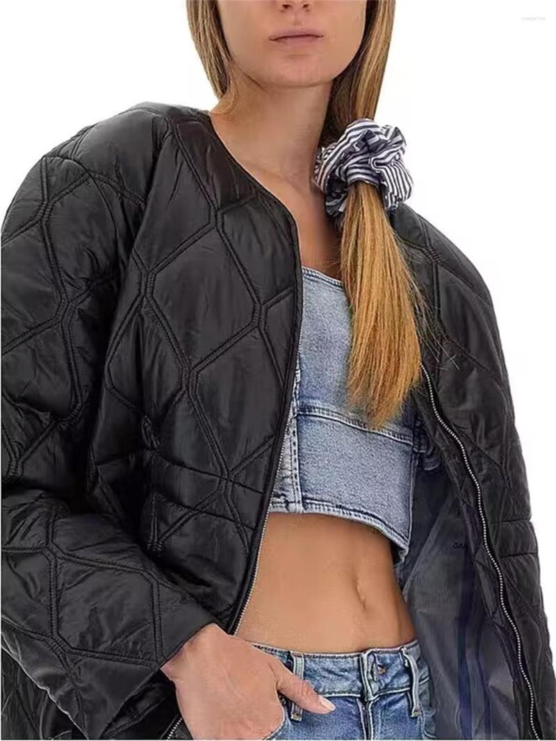 Jaquetas femininas senhoras o-pescoço manga longa casual solto casaco feminino zíper acolchoado rendas até cintura jaqueta preta outono inverno