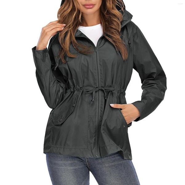 Chaquetas de mujer Damas sólidas con capucha Slim Pocket Impermeable Trench Coat Chaqueta Base Ball Camisetas para mujeres 4x