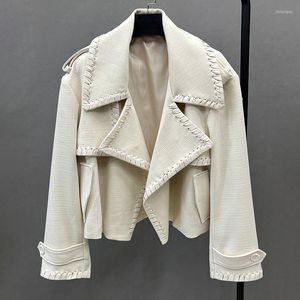 Vestes pour femmes dame mode 2023 printemps été culture manteaux veste en tissu avec col rabattu en cuir véritable ZM4981