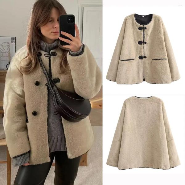 Chaquetas de mujer Chaqueta de felpa de cordero 2024 Invierno Elegante Espesar Chic Cuerno Botón Abrigo Suave Piel Integrada O-cuello Casual Outwear Mujer